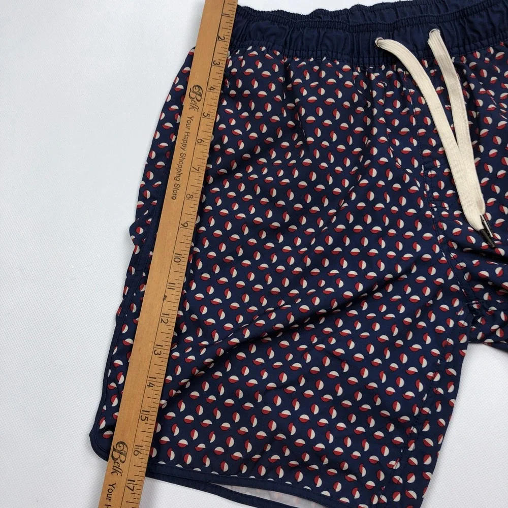 Fair Harbor Mens Navy Red Geometric Recycled Swim Shorts Trunks Size Small